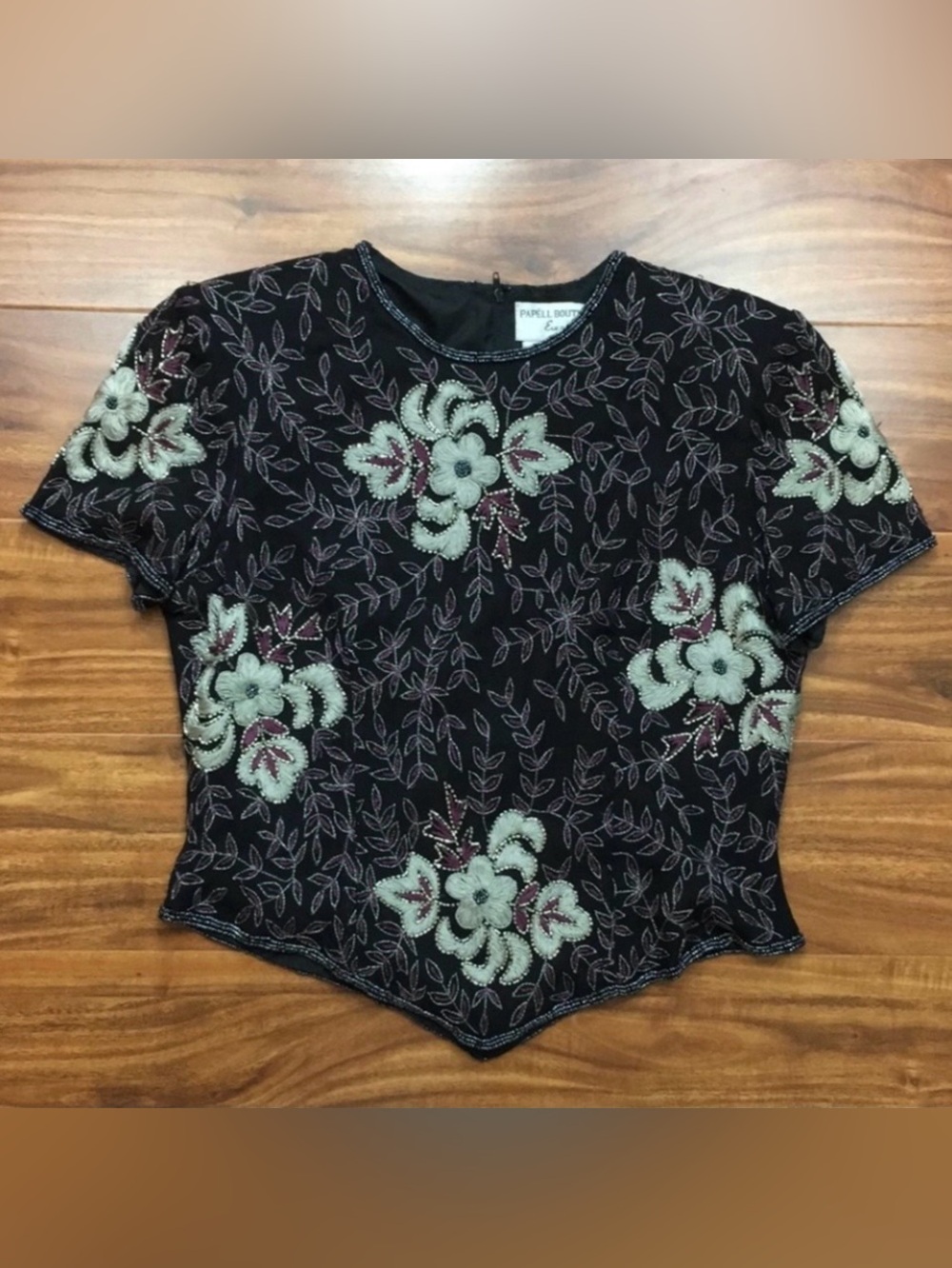 Vintage Papell Boutique Womens Black Purple Floral Bead Silk Embroidered Top SP